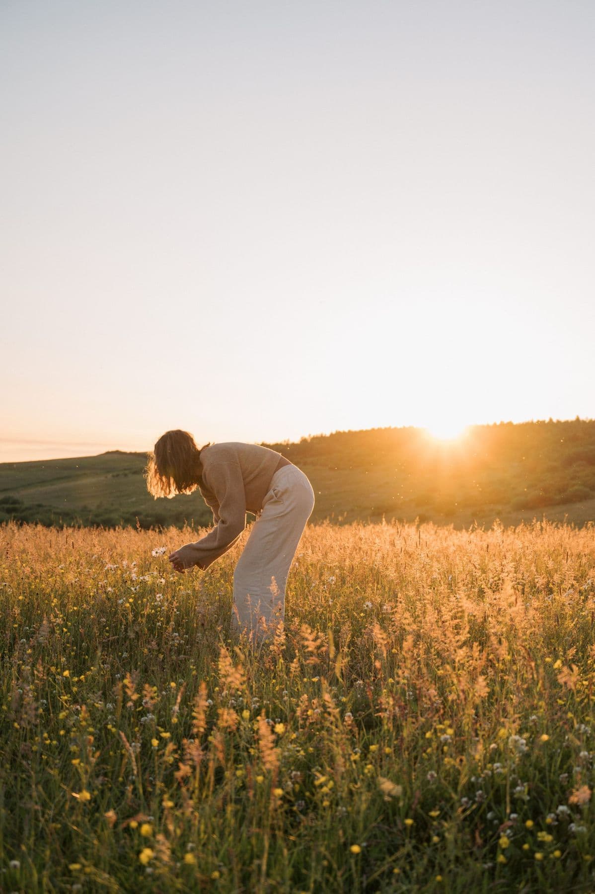 A woman in a golden field at sunset